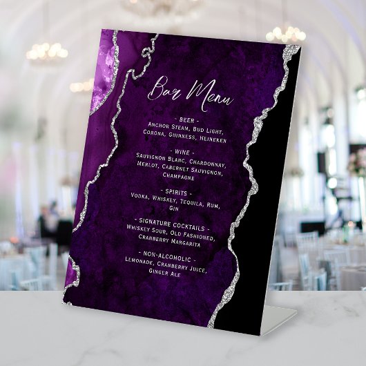 Signe De Table Menu de bar de mariage en agate argent violet