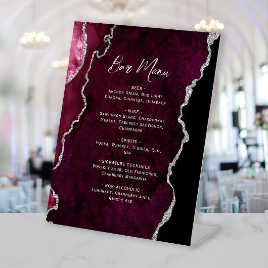 Signe De Table Menu de bar de mariage en agate argentée de Bourgo