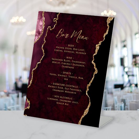 Signe De Table Menu de bar de mariage en agate rouge de Bourgogne