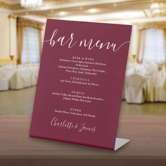 Signe De Table Menu de bar de mariage en écriture cursive Bourgog