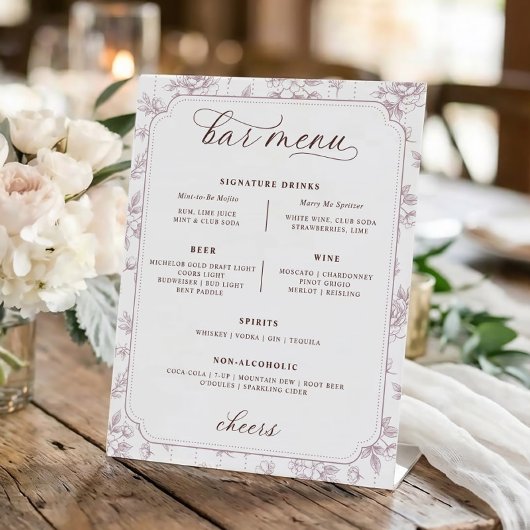 Signe De Table Menu de bar de mariage Fleur de toile rose poussié