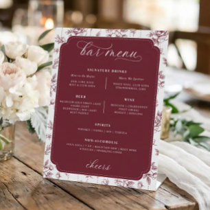 Signe De Table Menu de bar de mariage floral bordeaux vintage