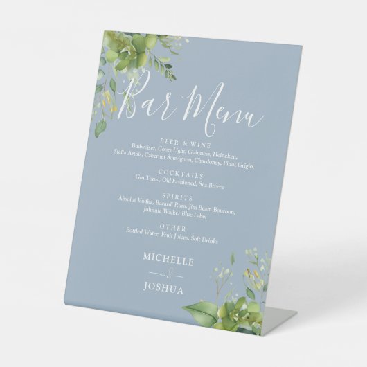 Signe De Table Menu de bar de mariage floral verdure bleu poussié (Recto)