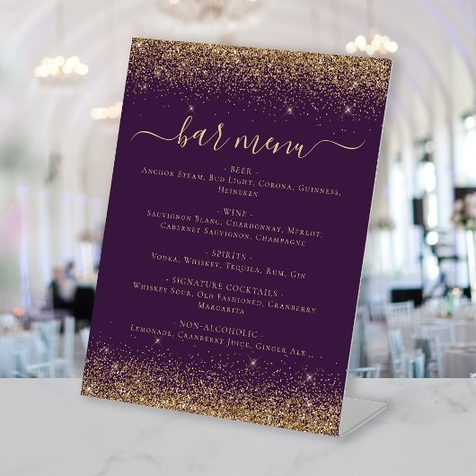 Signe De Table Menu de bar de mariage pailleté or violet