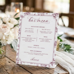 Signe De Table Menu de bar de mariage toile fleurie rouge vin vin