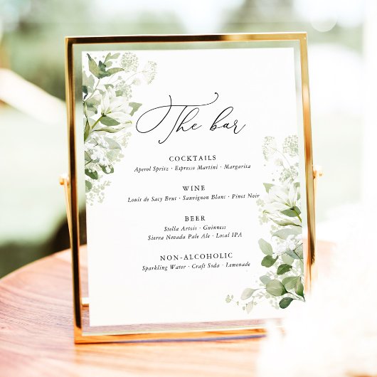 Signe De Table Menu de bar de mariage vert sauge avec verdure org