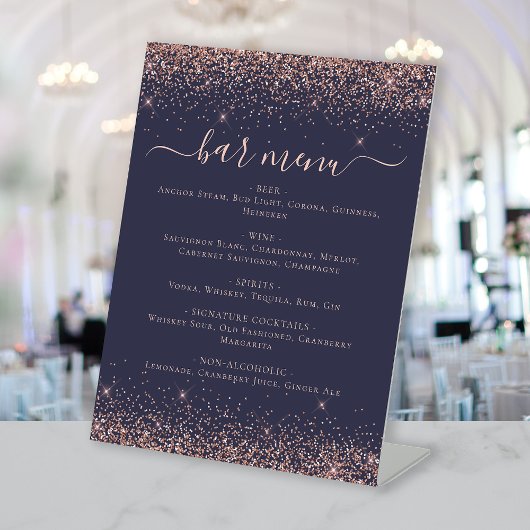 Signe De Table Menu de bar élégant bleu foncé rose or paillettes
