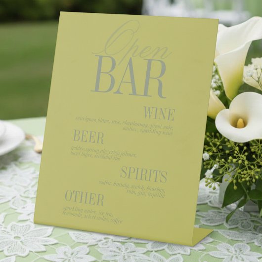 Signe De Table Menu de bar ouvert moderne Chartreuse Mariage