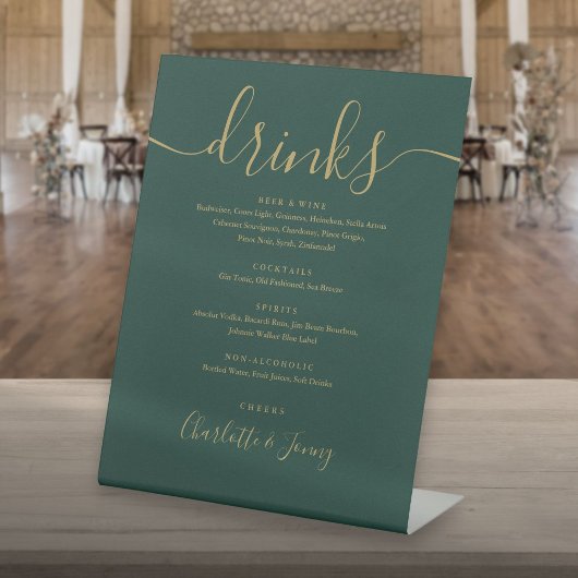 Signe De Table Menu de boissons de mariage à l'écriture émeraude 