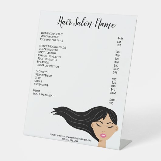 Signe De Table Menu de coiffeur pour fille aux longs cheveux noir (Recto)