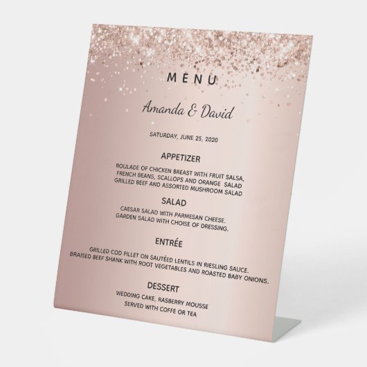 Signe De Table Menu de dîner de mariage en rose gold pailleté (Recto)
