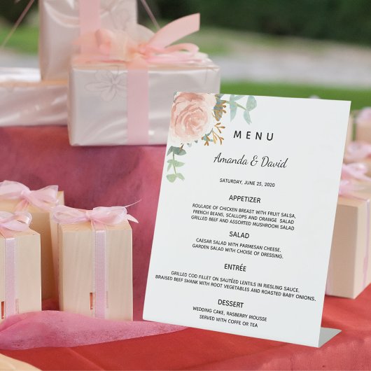 Signe De Table Menu de dîner floral eucalyptus verdure rose