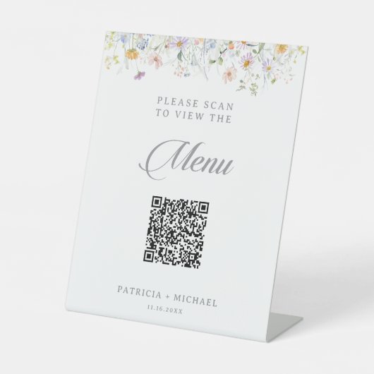 Signe De Table Menu de mariage avec code QR de fleurs sauvages de (Recto)