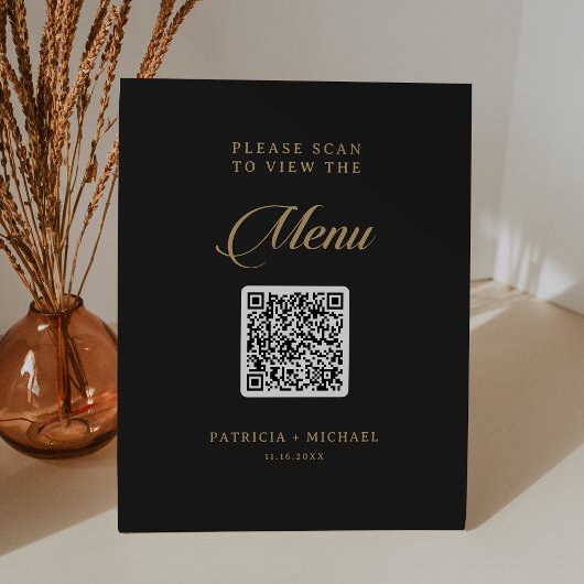 Signe De Table Menu de mariage classique noir et or avec code QR