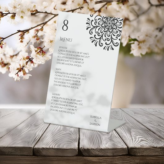 Signe De Table Menu de mariage fantaisiste noir et blanc à volute