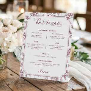 Signe De Table Menu de mariage toile florale bordeaux vintage