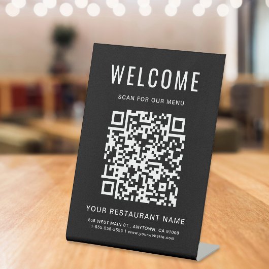 Signe De Table Menu de restaurant moderne avec code QR sur un sup