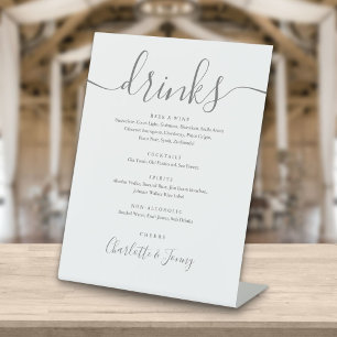 Signe De Table Menu des boissons à l'écriture cursive grise et bl