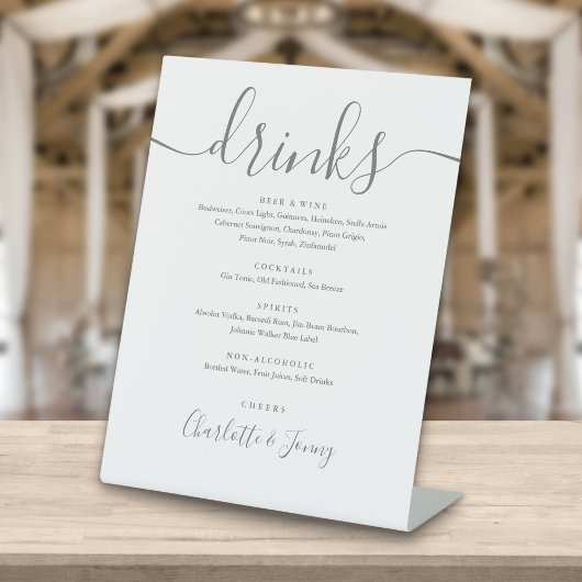 Signe De Table Menu des boissons à l'écriture cursive grise et bl