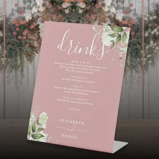 Signe De Table Menu des boissons de mariage à la verdure florale