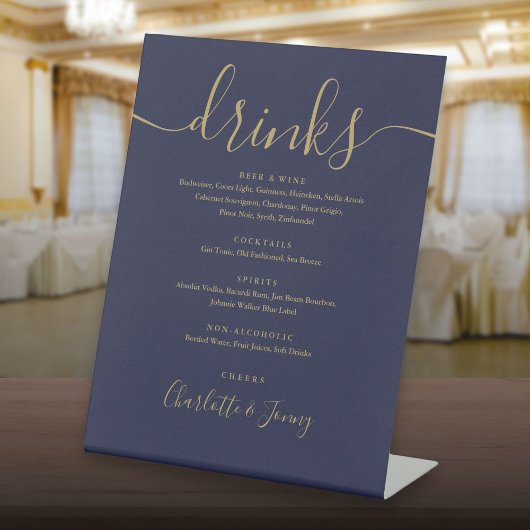 Signe De Table Menu des boissons de mariage à l'écriture dorée et