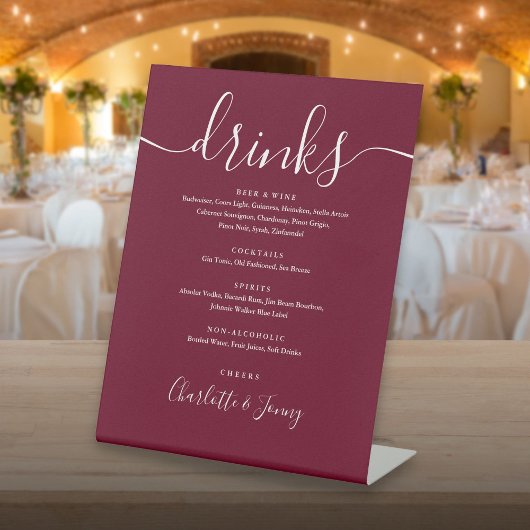 Signe De Table Menu des boissons de mariage en écriture Signature
