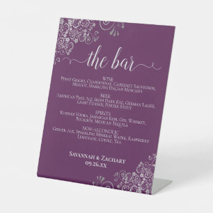 Signe De Table Menu des boissons de mariage violet prune et argen