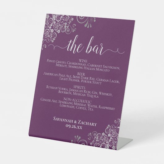 Signe De Table Menu des boissons de mariage violet prune et argen (Recto)