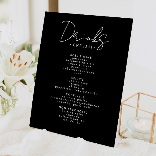 Signe De Table Menu des boissons Mariage de script moderne noir