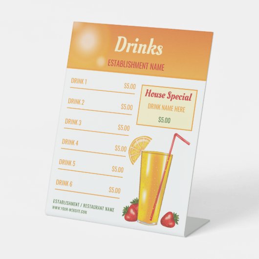 Signe De Table Menu des Boissons Tropicales à l'Orange pour un Ba (Recto)