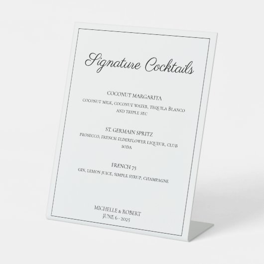 Signe De Table Menu Design Élégant Bar Script Cocktails Mariage (Recto)