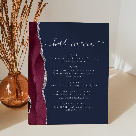 Signe De Table Menu du bar de mariage Bordeaux Argent Agate Bleu 