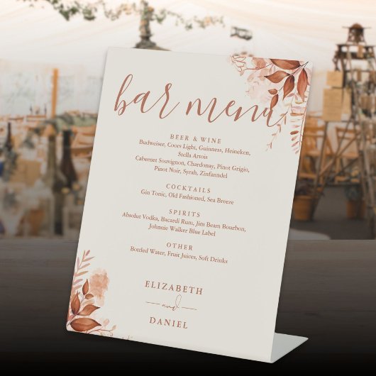 Signe De Table Menu du bar de mariage floral rustique d'automne