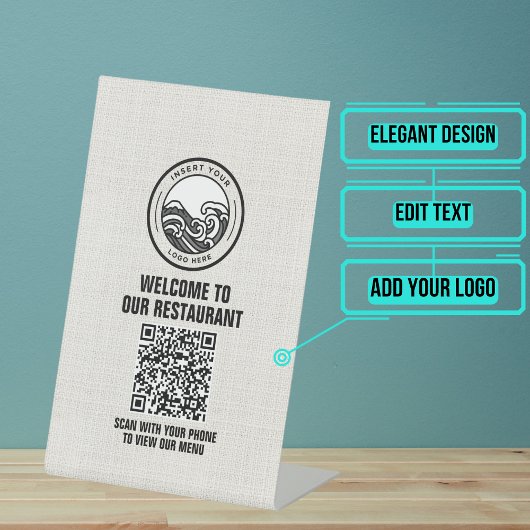 Signe De Table Menu du restaurant Lin Blanc Code QR
