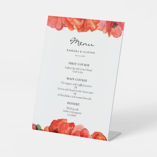 Signe De Table Menu mariage d'aquarelle de pavois rouges (Recto)