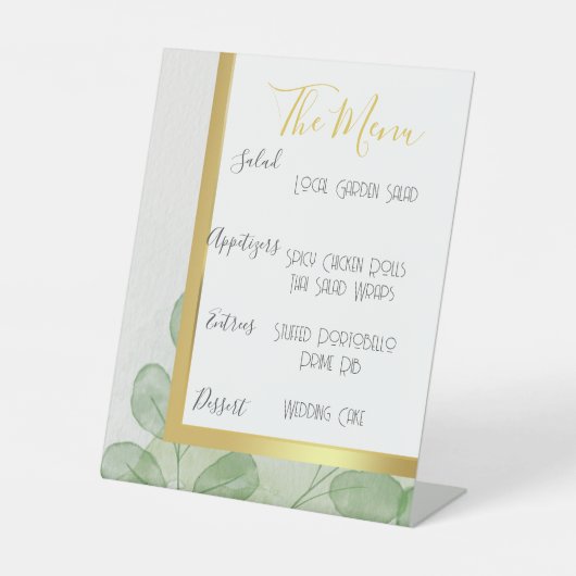Signe De Table Menu Mariage Eucalyptus Vert & Or (Recto)