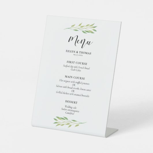 Signe De Table Menu mariage feuille vert aquarelle (Recto)