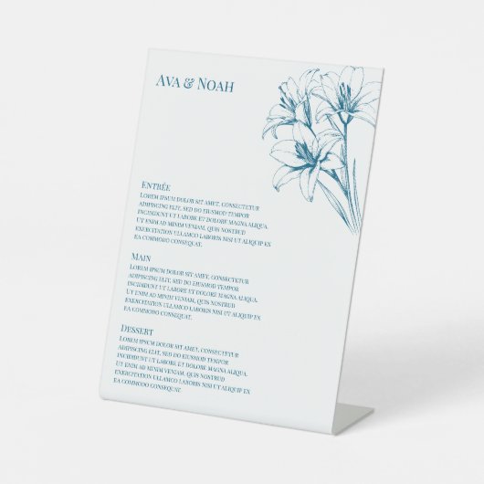 Signe De Table Menu Mariage Plan bleu Lily (Recto)