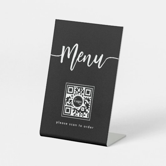 Signe De Table Menu moderne élégant Script QR Code noir (Recto)
