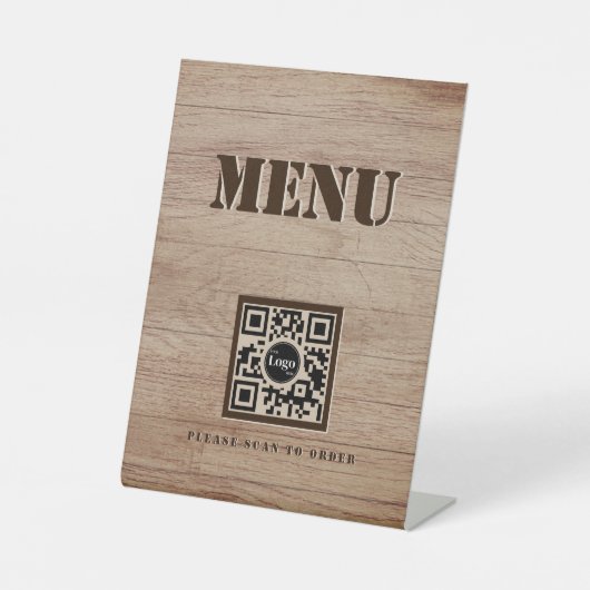 Signe De Table Menu Motif en bois rustique QR Code noir (Recto)