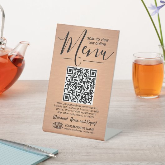 Signe De Table Menu QR Code Generator & Logo Brossé couleur cuivr (In SItu)
