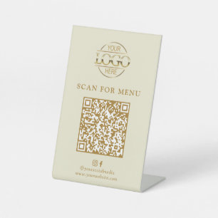 Signe De Table Menu QR Code sans contact Logo Entreprise Beige Mo