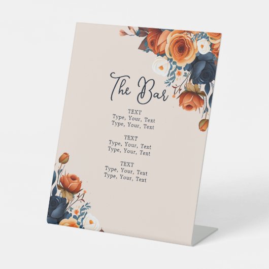 Signe De Table Menu Rustique Burnt Orange et Blue Mariage Bar (Recto)