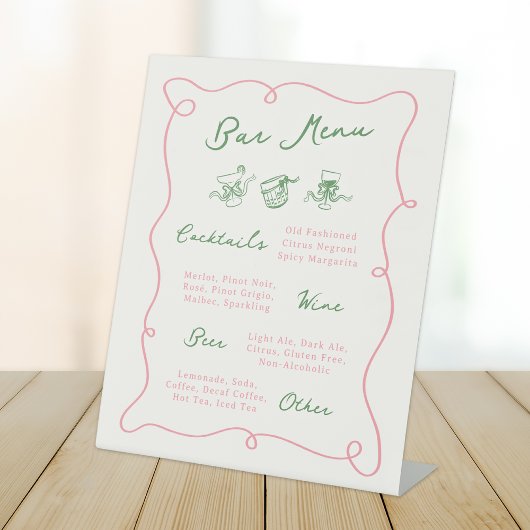 Signe De Table Menu Whimsical Hand Drake Pink & Green Bar