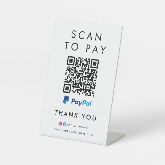 Signe De Table Merci Paypal Modern Scan pour payer QR Code Blanc (Recto)