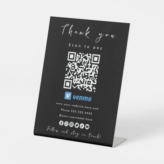 Signe De Table Merci Venmo QR Code Scan pour payer noir (Recto)