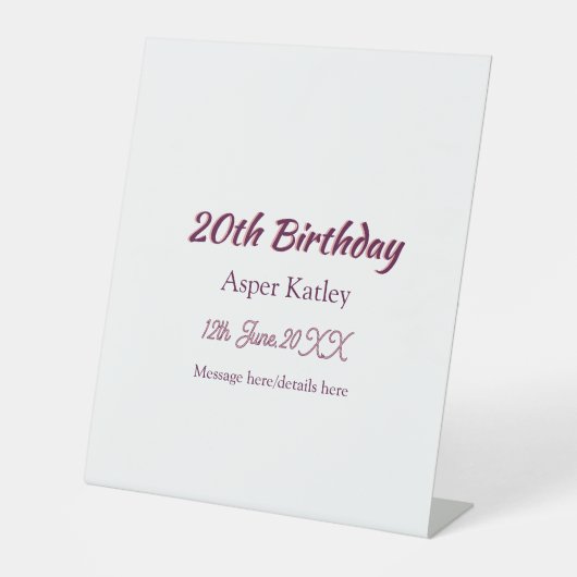Signe De Table Message simple nom date rose violet pour 20e anniv (Recto)