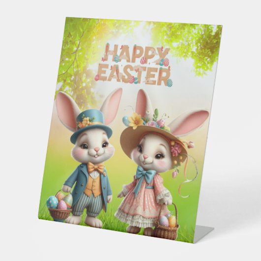 Signe De Table Mignonne, Whimsical Joyeuse Pâques avec 2 lapins (Recto)