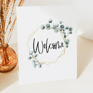 Signe De Table Mini-Affiche de bienvenue de cadre Gold Eucalyptus