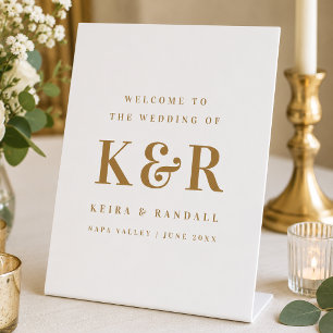Signe De Table Monogramme de mariage Bienvenue or et blanc